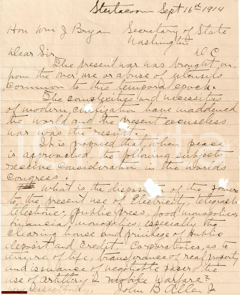 Documento originale, autentico 1914 WW1 STEILACOOM USA John B. ALLEN jr to Riccardo BORGHETTI Autograph 1