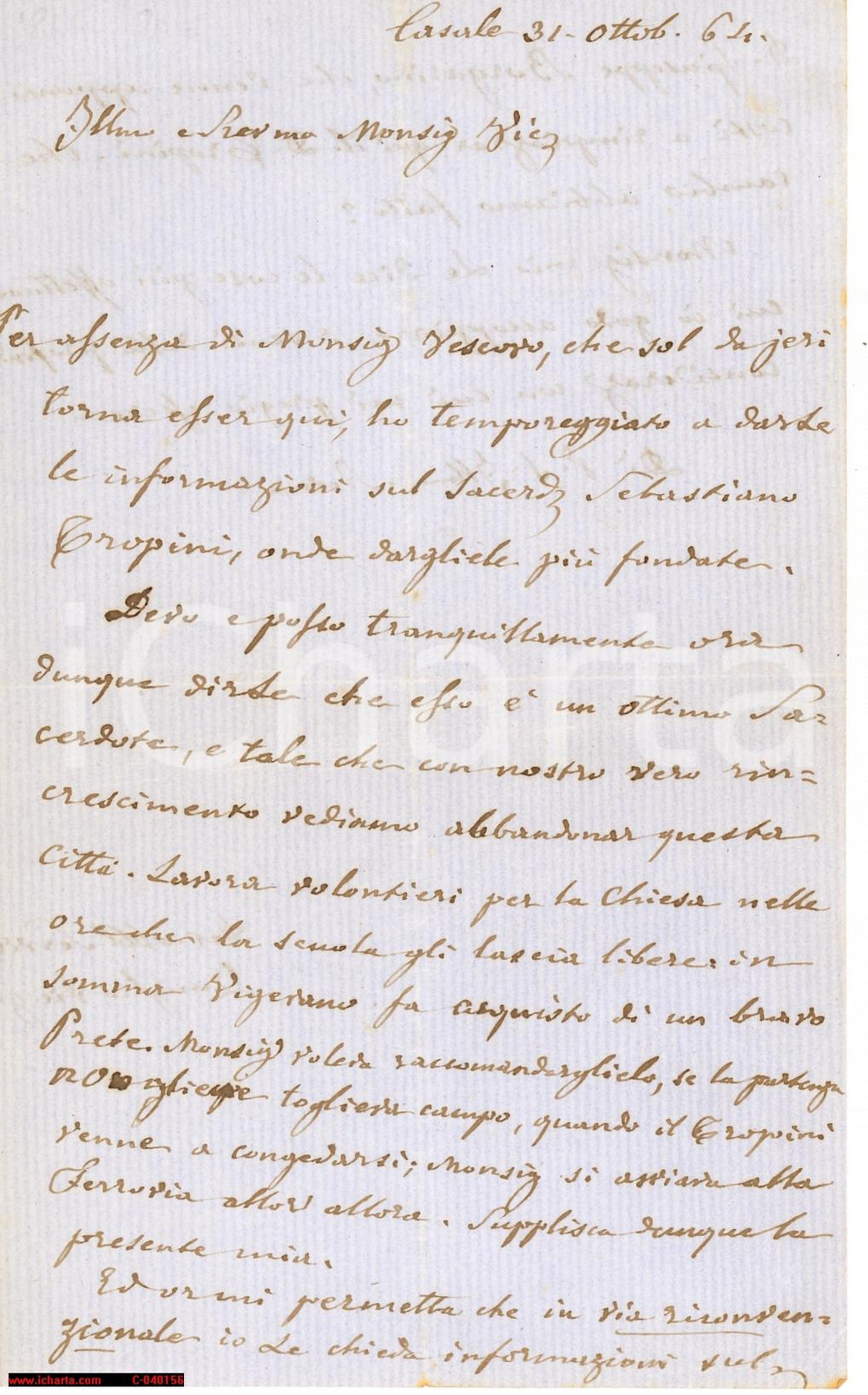 Manoscritto, lettera originale 1864 CASALE MONF. AL Partenza don Sebastiano TROPINI 1