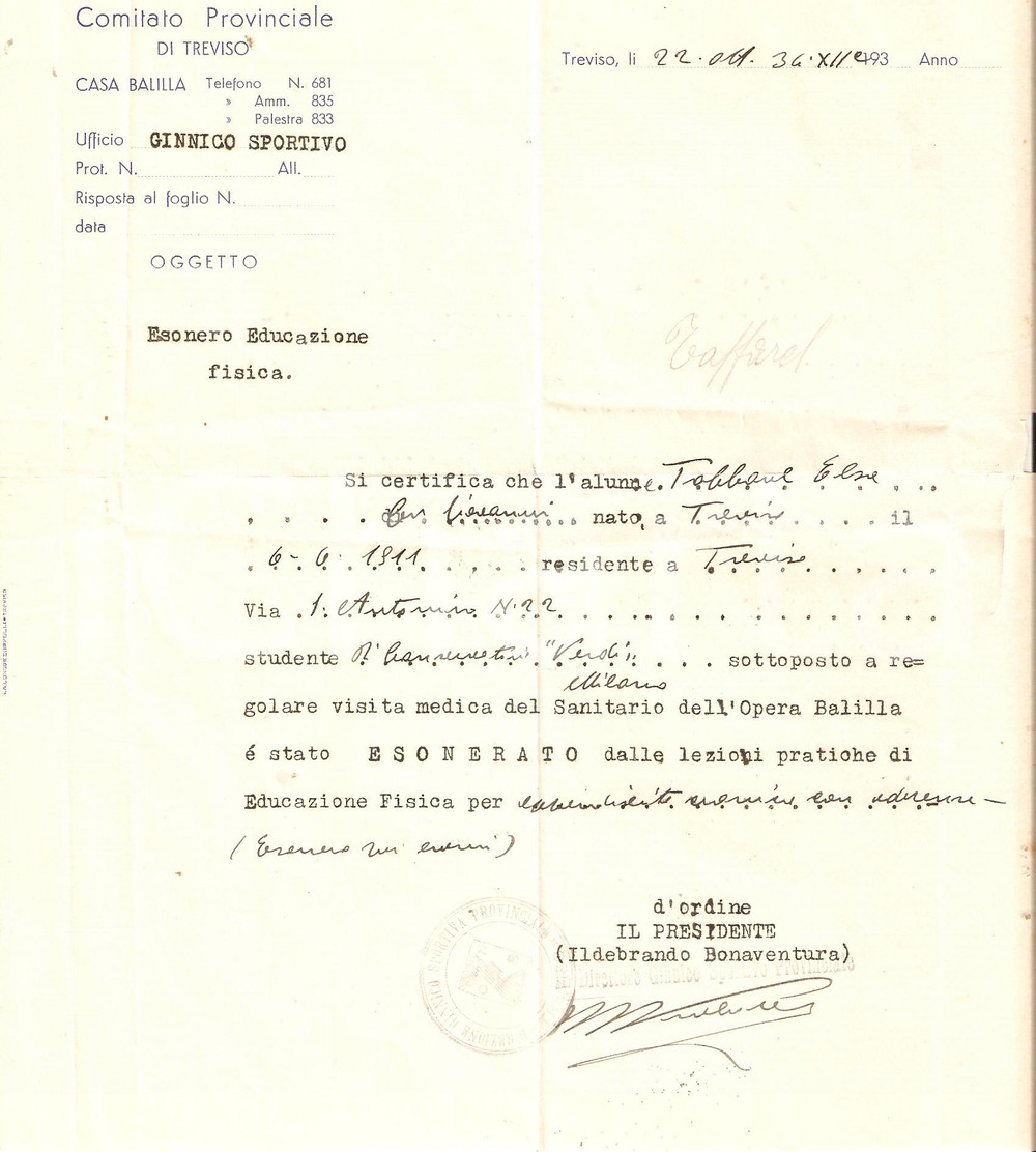 Documento originale, autentico 1934 ONB TREVISO Esonero educazione fisica Elsa TOBBONE 1
