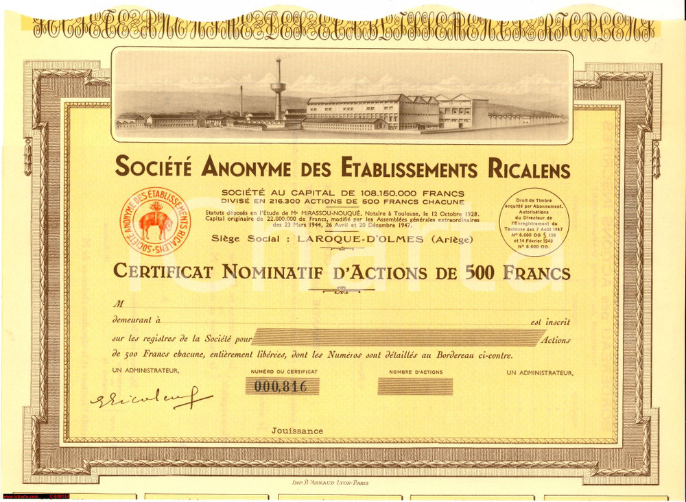 Oggetto da collezione cartaceo 1947 Certificat actions S. An. ETABLISSEMENTS RICALENS 1