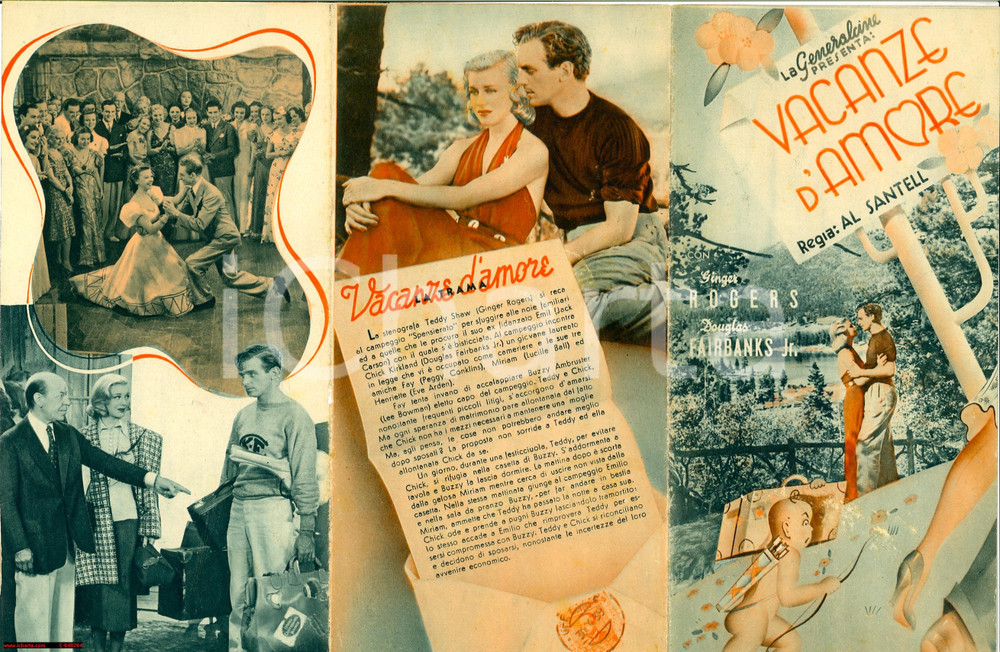 Materiale pubblicitario d’epoca 1938 Vacanze d amore Ginger ROGERS volantino FIORENZI 1