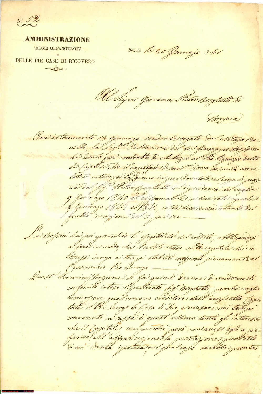 Documento originale, autentico 1841 BRESCIA Pietro BORGHETTI debitore CASA DI DIO 1