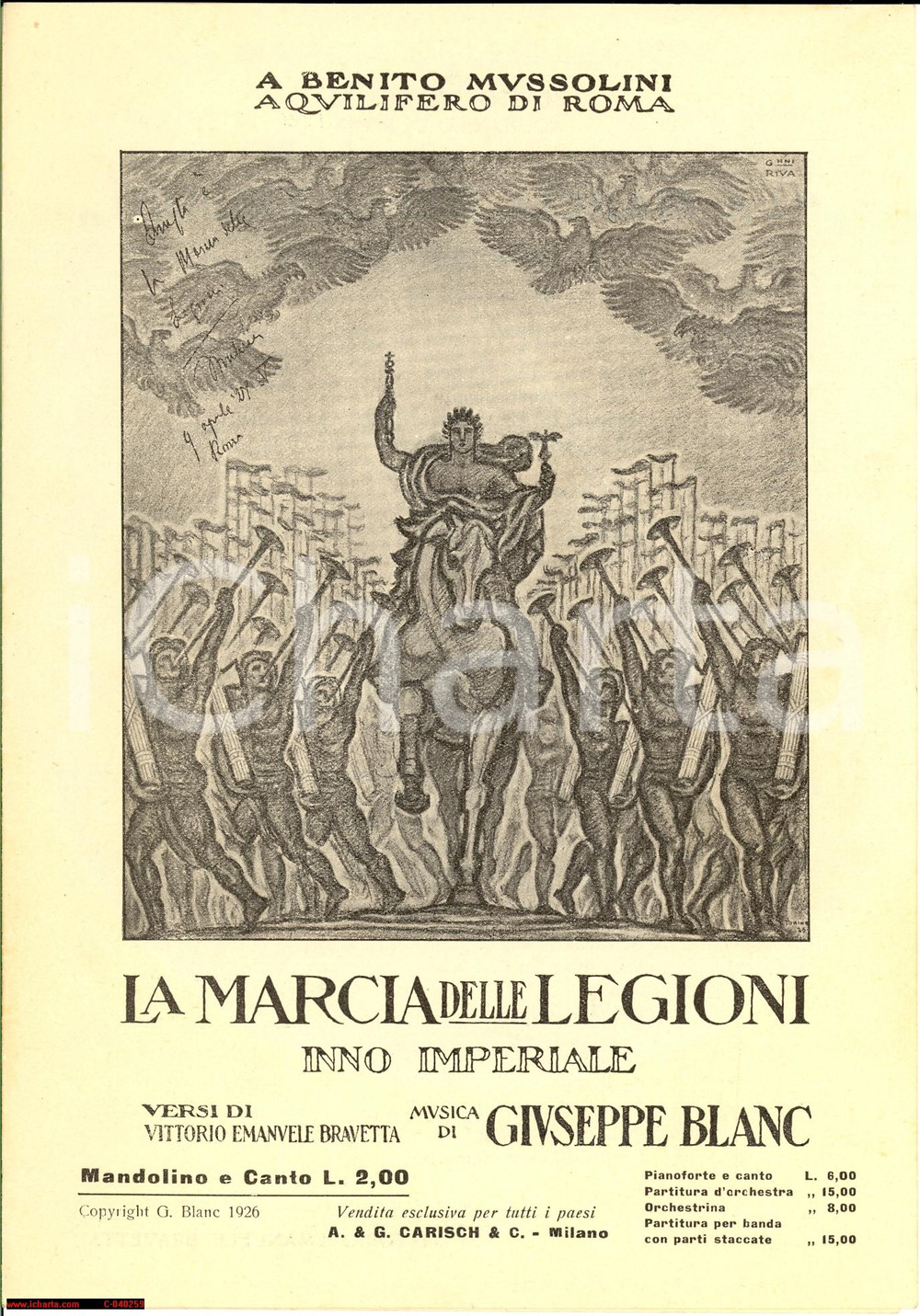 Oggetto da collezione cartaceo 1934 BLANC  BRAVETTA La Marcia delle Legioni  inno 1