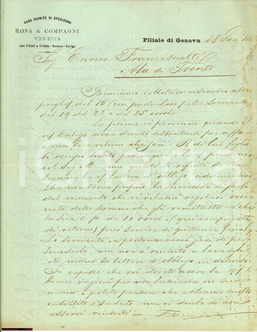 Manoscritto, lettera originale 1886 GENOVA Case Riunite di Spedizioni ROSA & COMPAGNI 1