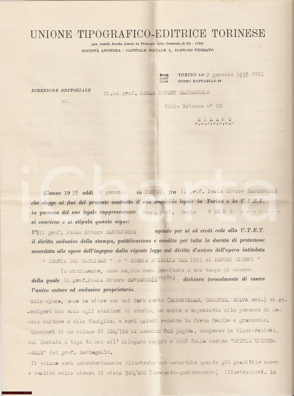 Documento originale, autentico 1939 TORINO Contratto UTET  autografo CARLO VERDE 1