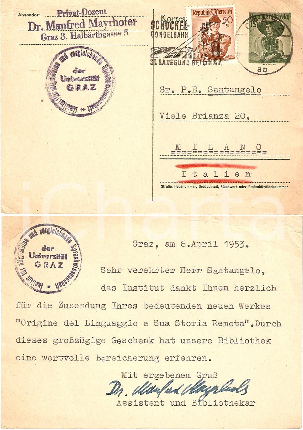 Cartolina originale da collezione 1953 GRAZ Manfred MAYRHOFER ringrazia Paolo SANTANGELO 1