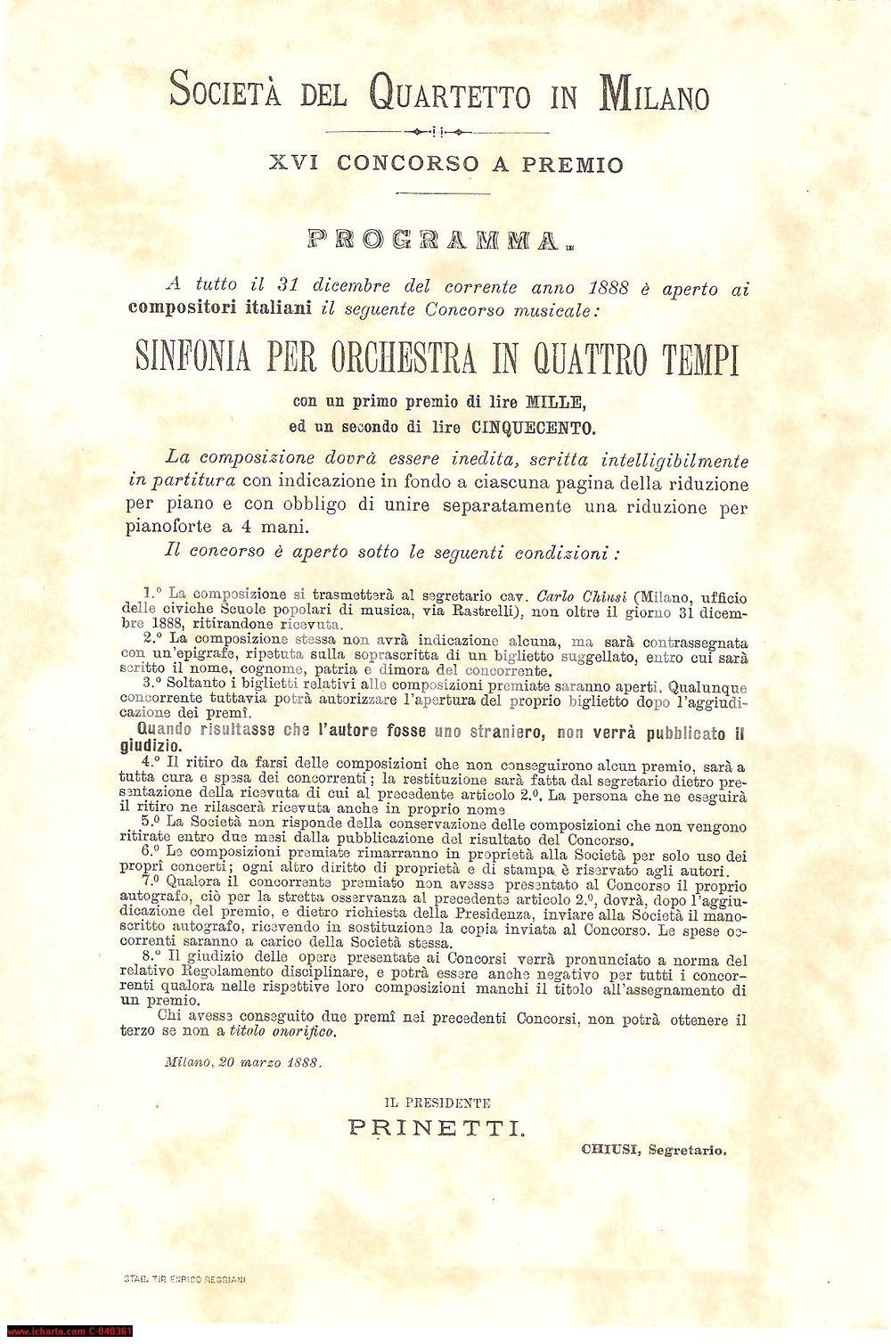 Documento originale, autentico 1888 MILANO Società  del QUARTETTO Concorso a Premi 1