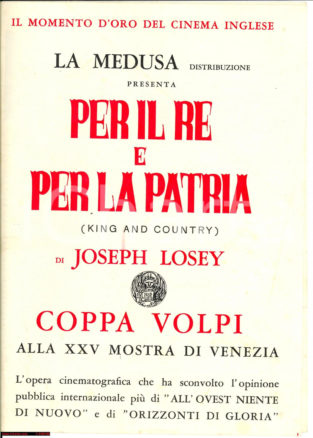 Materiale pubblicitario d’epoca 1964 CINEMA Joseph LOSEY Per il Re e per la patria  Volantino film 1