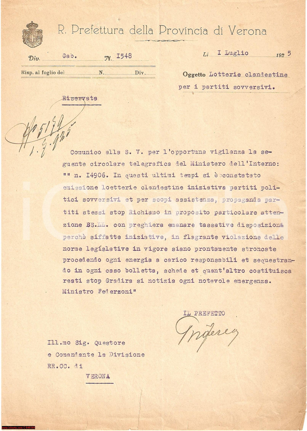 Documento originale, autentico 1925 VERONA Lotterie clandestine dei partiti sovversivi 1