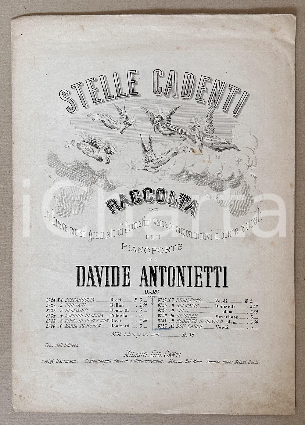 Oggetto da collezione cartaceo 1850 ca D. ANTONIETTI 'Don Carlo' - Stelle cadenti: sonatine pianoforte op. 187 1