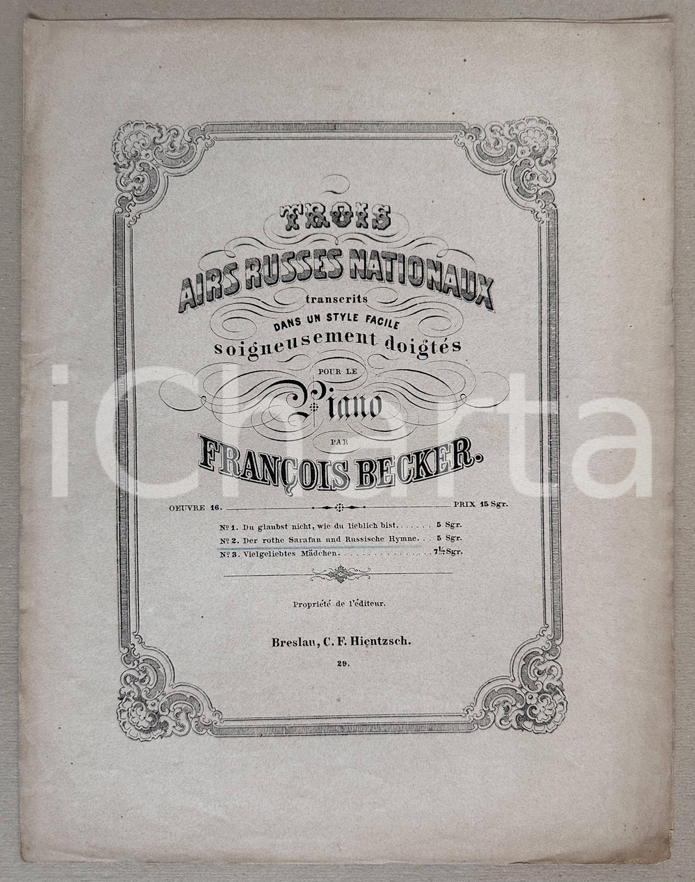 Oggetto da collezione cartaceo 1870 ca F. BECKER 'Der rothe Sarafan und Russysche Hymne' Trois airs russes 1