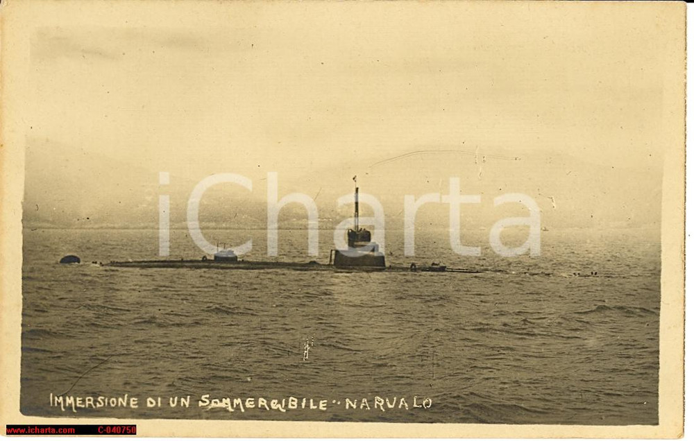 Cartolina originale da collezione 1935 Sommergibile NARVALO cl SQUALO che si immerge 1