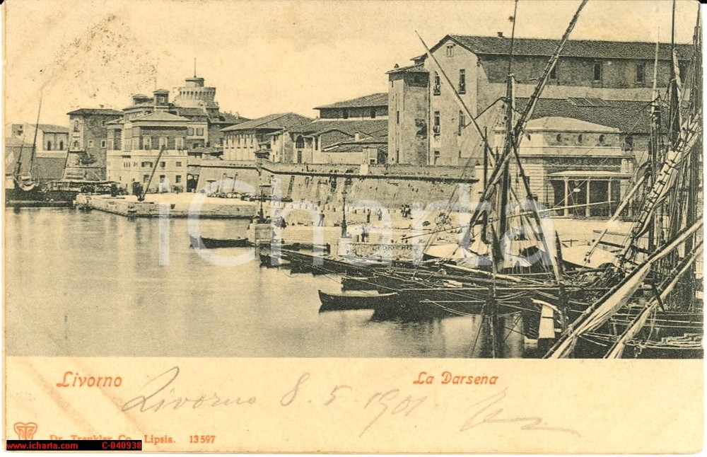 Cartolina originale da collezione 1901 Livorno  Darsena Veduta animata con barche 1