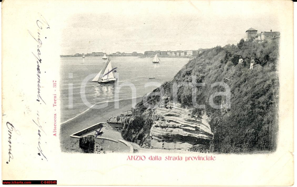 Cartolina originale da collezione 1904 Anzio lungomare - Vedutina animata con vele 1
