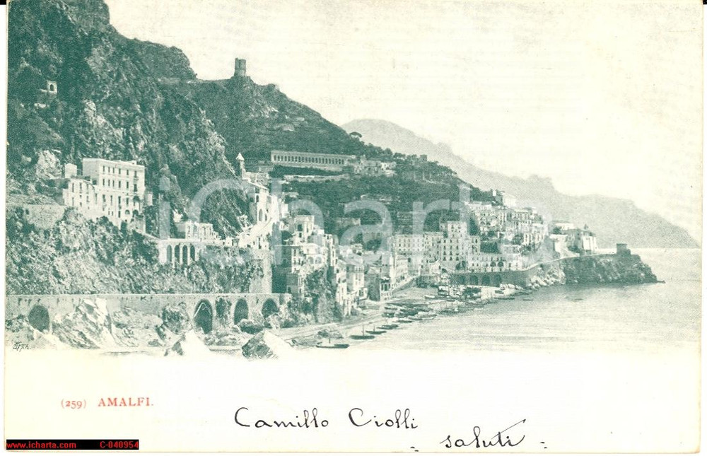 Cartolina originale da collezione 1905 Amalfi  Campania Veduta lungomare con barche 1