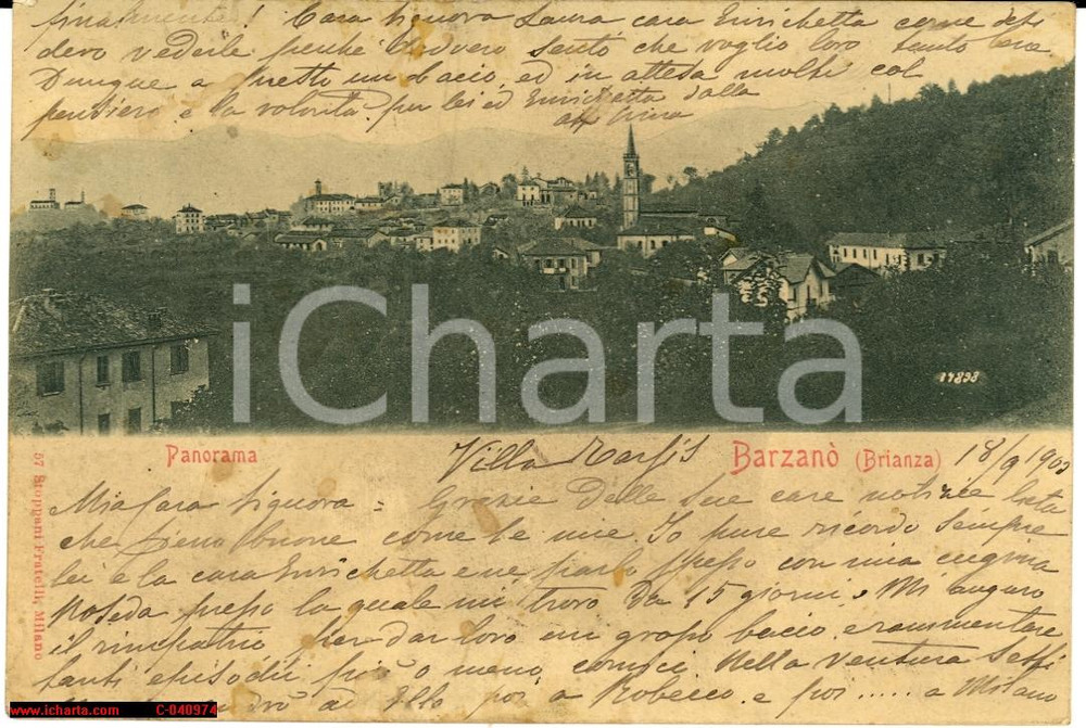 Cartolina originale da collezione 1903 BarzanÃ² (Lecco) Brianza - Veduta generale d'epoca 1