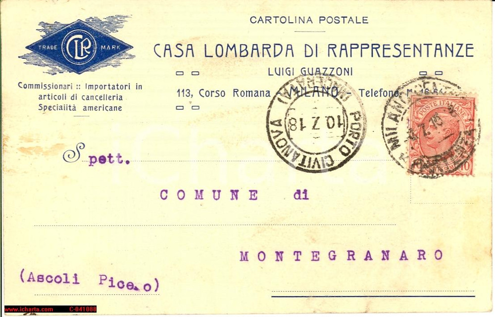 Cartolina originale da collezione 1918 MILANO Casa Lombarda Rappresentanze Luigi GUASCONI 1