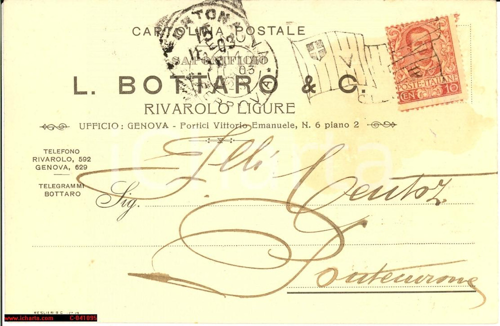 Cartolina originale da collezione 1903 GENOVA RIVAROLO Saponificio L. BOTTARO & C. FP VG 1