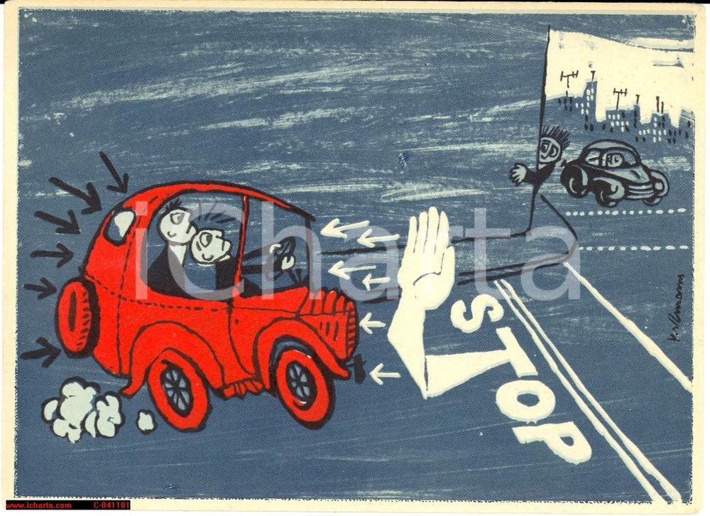 Cartolina originale da collezione 1950 AQUILA Petroli Sicurezza traffico Renzo KOLLMANN 1