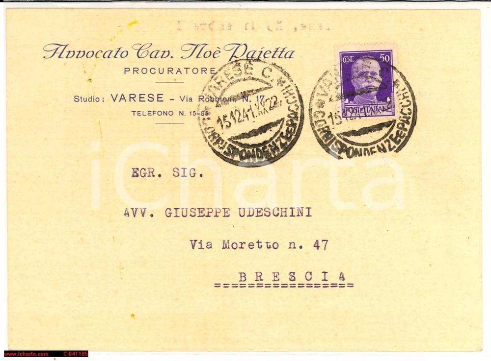 Autografo originale 1941 Varese  Senatore NOE  PAJETTA cartolina autografo 1