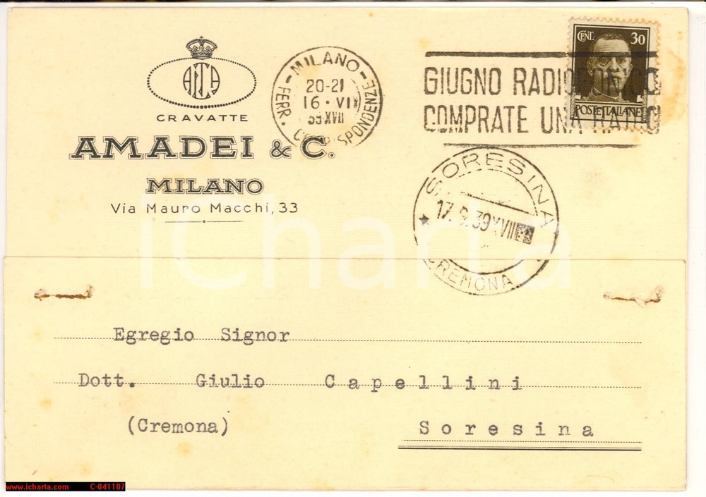 Cartolina originale da collezione 1939 Milano Via Mauro Macchi 33 ARRIGO AMADEI Cravatte  pubblicitaria FG 1