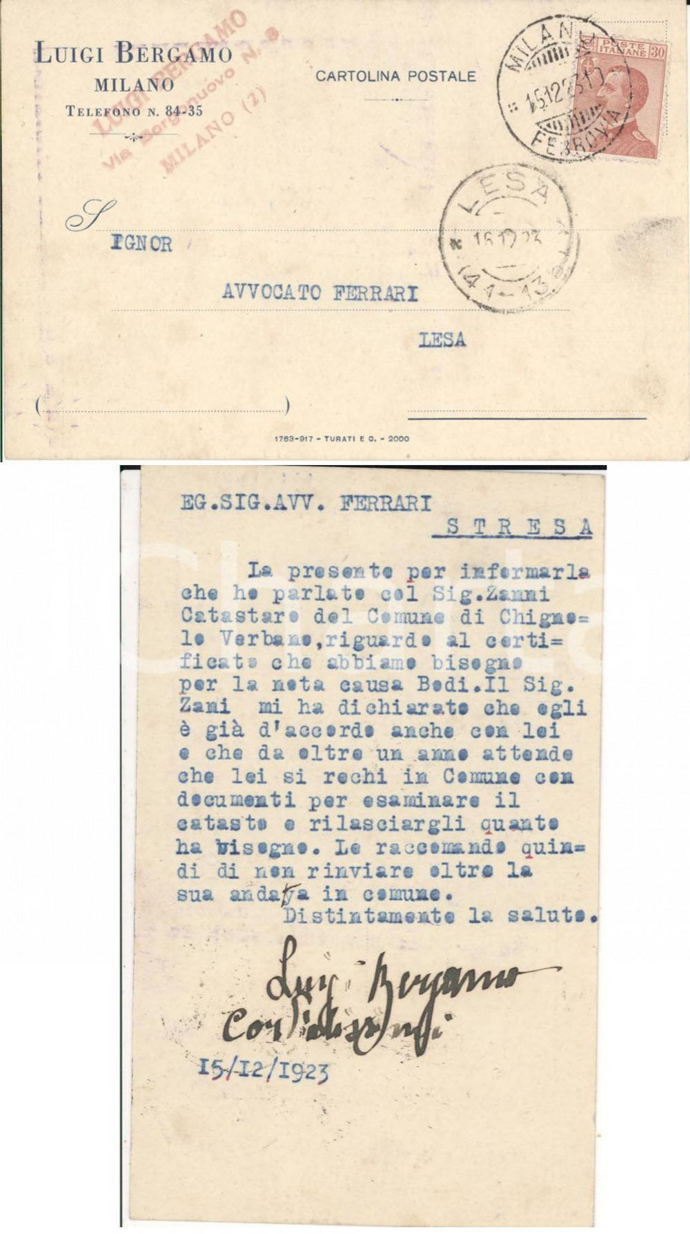 Cartolina originale da collezione 1923 CHIGNOLO VERBANO Luigi BERGAMO all'avv. FERRARI VG 1