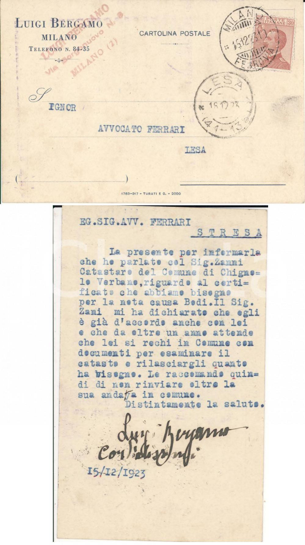 Cartolina originale da collezione 1923 CHIGNOLO VERBANO Luigi BERGAMO all avv. FERRARI VG 1