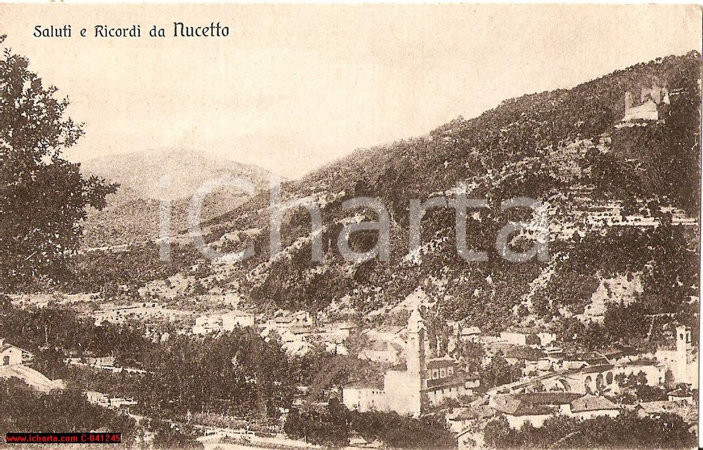 Cartolina originale da collezione 1928 NUCETTO (CN) Panoramica aerea Chiesa parrocchiale 1