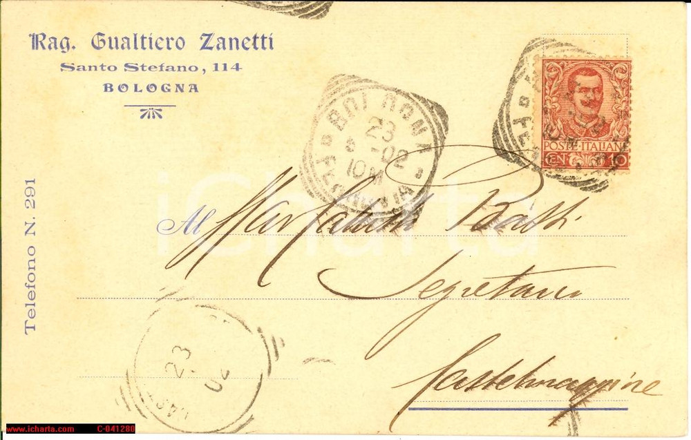 Cartolina originale da collezione 1902 BOLOGNA Cartolina Rag. Gualtiero ZANETTI FP VG 1