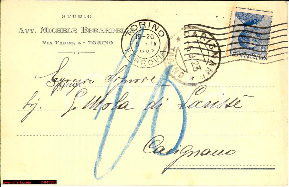 Cartolina originale da collezione 1923 TORINO Avv. Michele BERARDELLI Cartolina FP VG 1