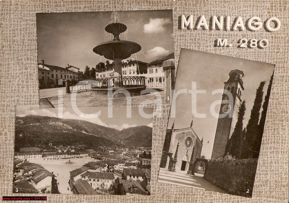 Cartolina originale da collezione 1954 MANIAGO (PN) Vedutine Chiesa parrocchiale piazza 1