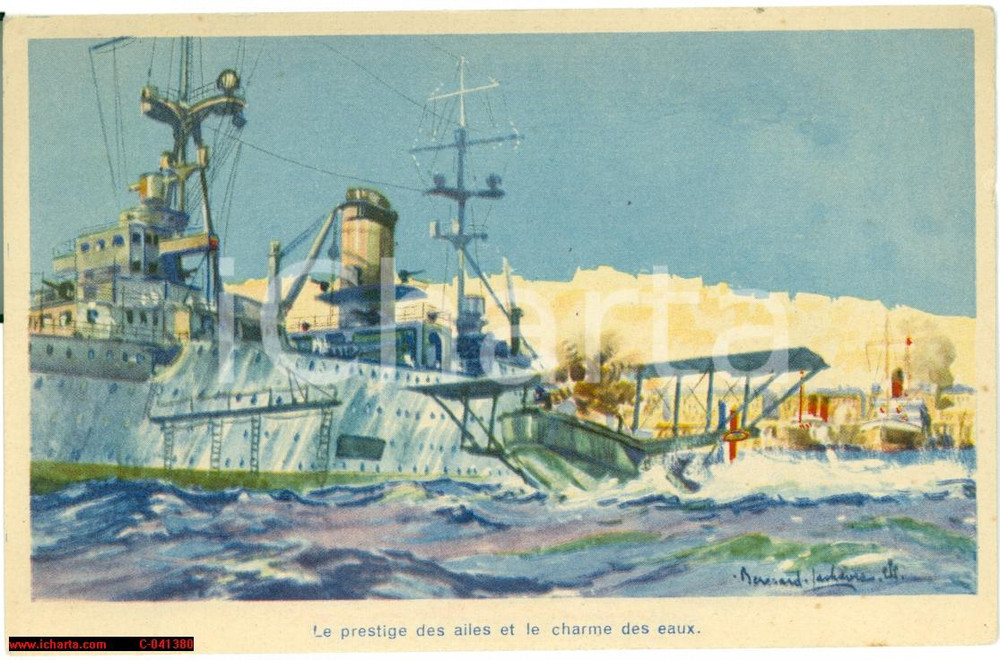 Cartolina originale da collezione 1940 ca Portaerei COMMANDANT-TESTE illustrata animata 1