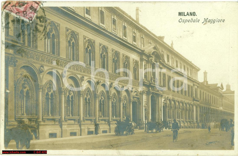 Cartolina originale da collezione 1906 MILANO facciata dell OSPEDALE MAGGIORE animata FP 1