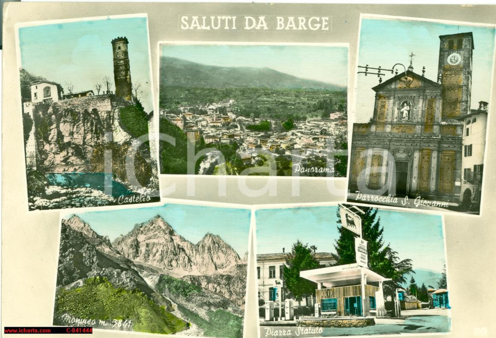 Cartolina originale da collezione 1957 BARGE CN Vedutine castello parrocchia SAN GIOVANNI 1
