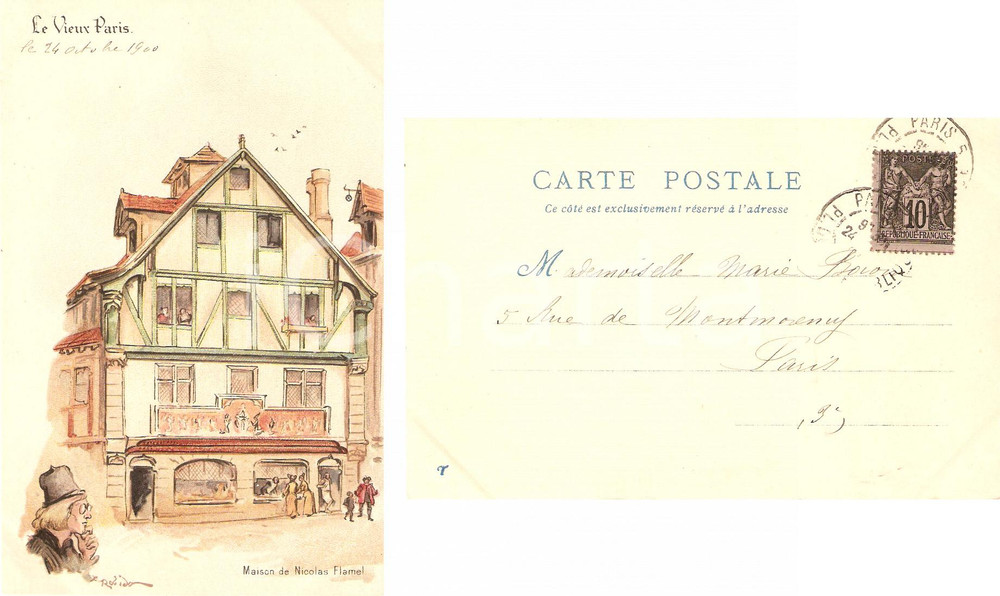 Cartolina originale da collezione 1900 PARIGI casa di Nicolas FLAMEL FP VG animata 1