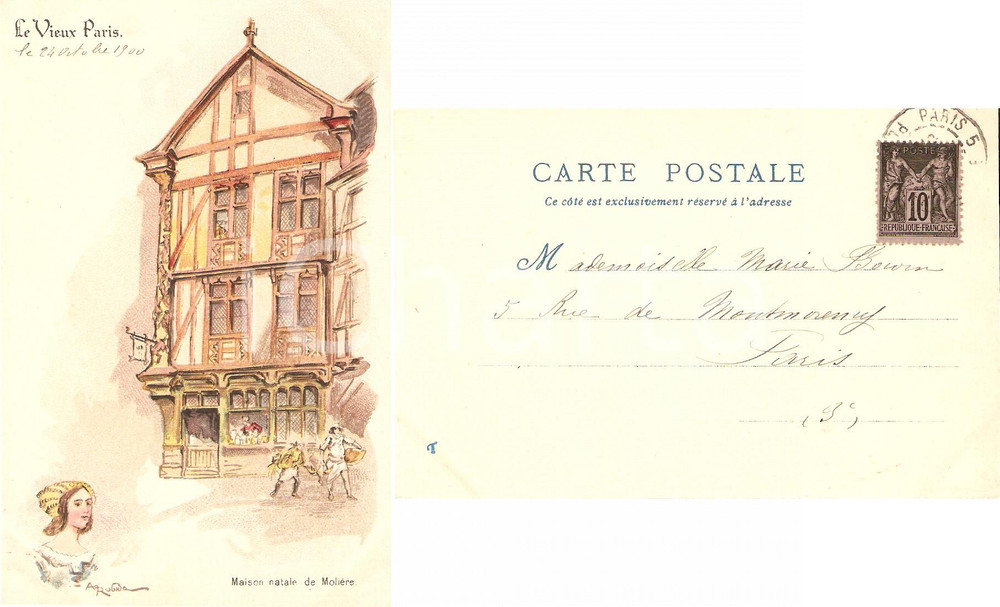 Cartolina originale da collezione 1900 PARIGI casa natale di MOLIERE FP VG animata 1