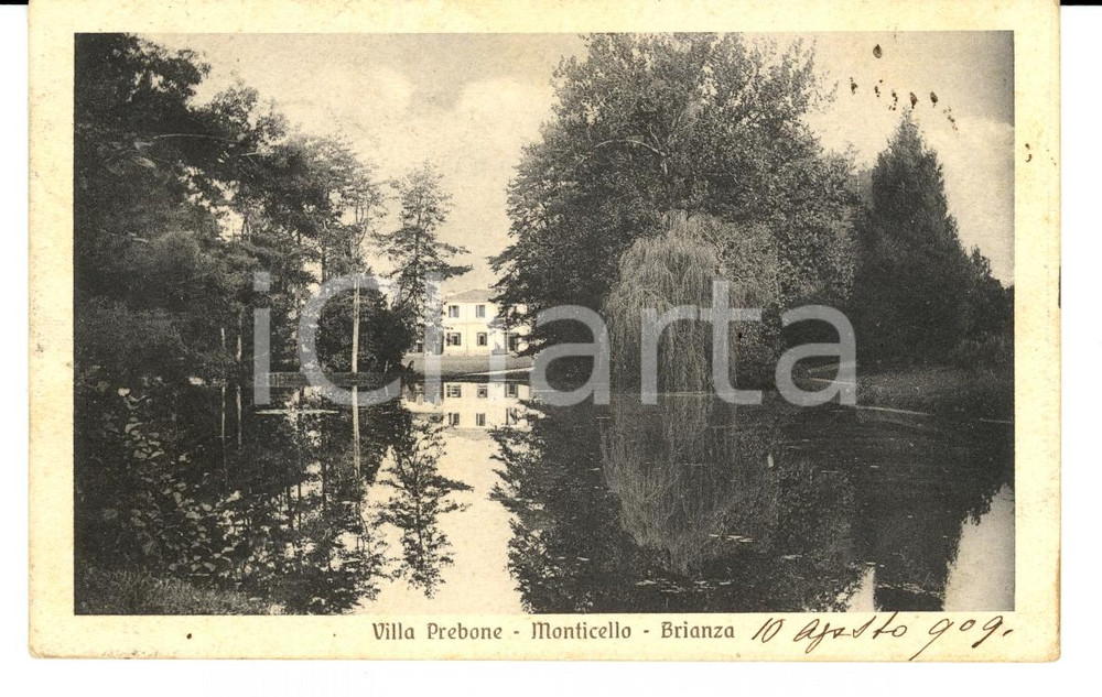 Cartolina originale da collezione 1909 PREBONE MONTICELLO LC Panorama con villa FP VG 1