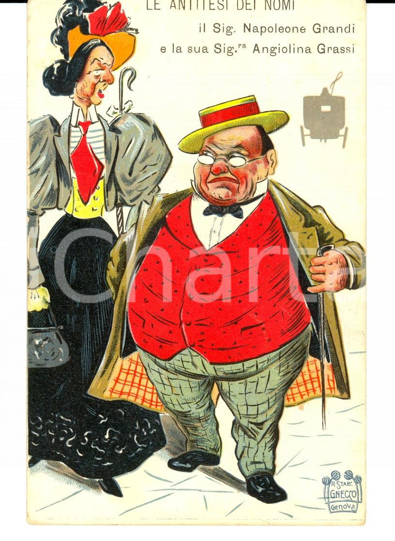Cartolina originale da collezione 1910 ca ANTITESI Napoleone Grandi e Angiolina GRASSI Cartolina satirica 1