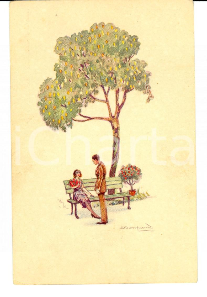 Cartolina originale da collezione 1920 ca Innamorati sulla panchina Cartolina ill. Luigi BOMPARD FP NV 1