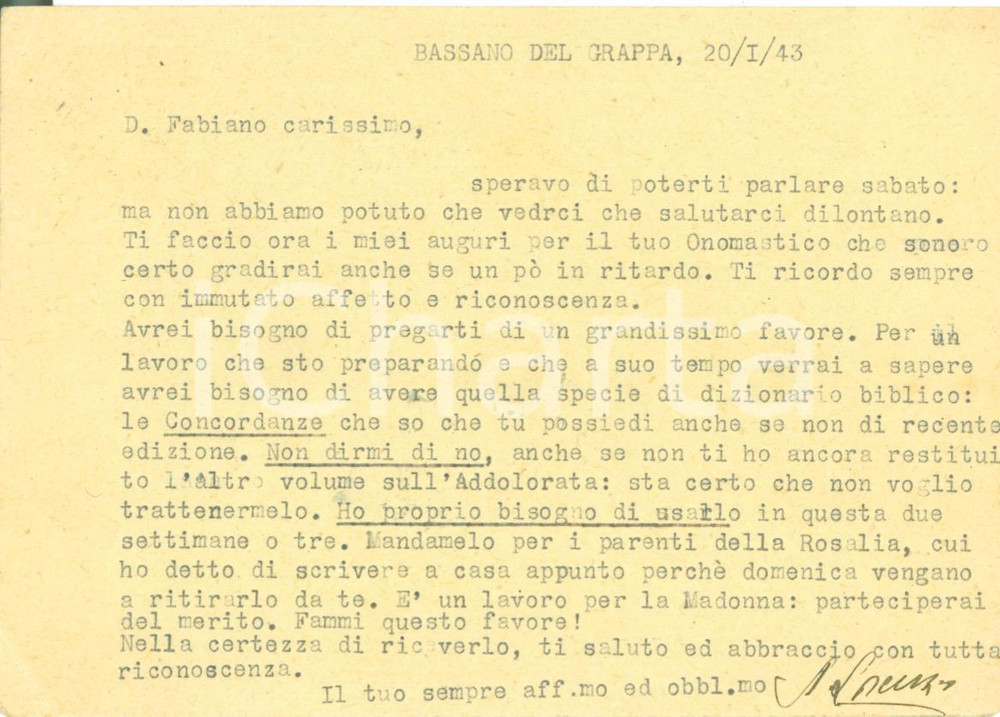 Documento originale, autentico 1943 BASSANO DEL GRAPPA (VI) Un dizionario biblico per don Lorenzo SERAFIN FG VG 1