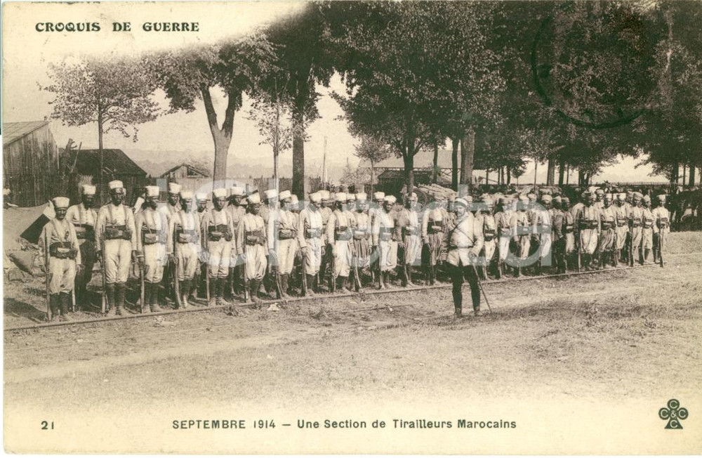 Cartolina originale da collezione 1914 MAROCCO Un section de Tirailleurs Marocains *Cartolina FP VG 1