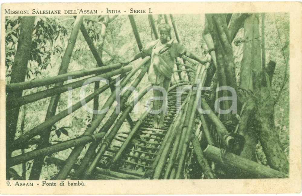 Cartolina originale da collezione 1925 ASSAM INDIA Bambino su un ponte di bambÃ¹ Cartolina FP VG 1