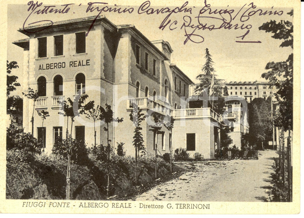Cartolina originale da collezione 1953 FIUGGI (FR) Veduta Albergo REALE *Autografo Virginio CAVAGLIA' 1
