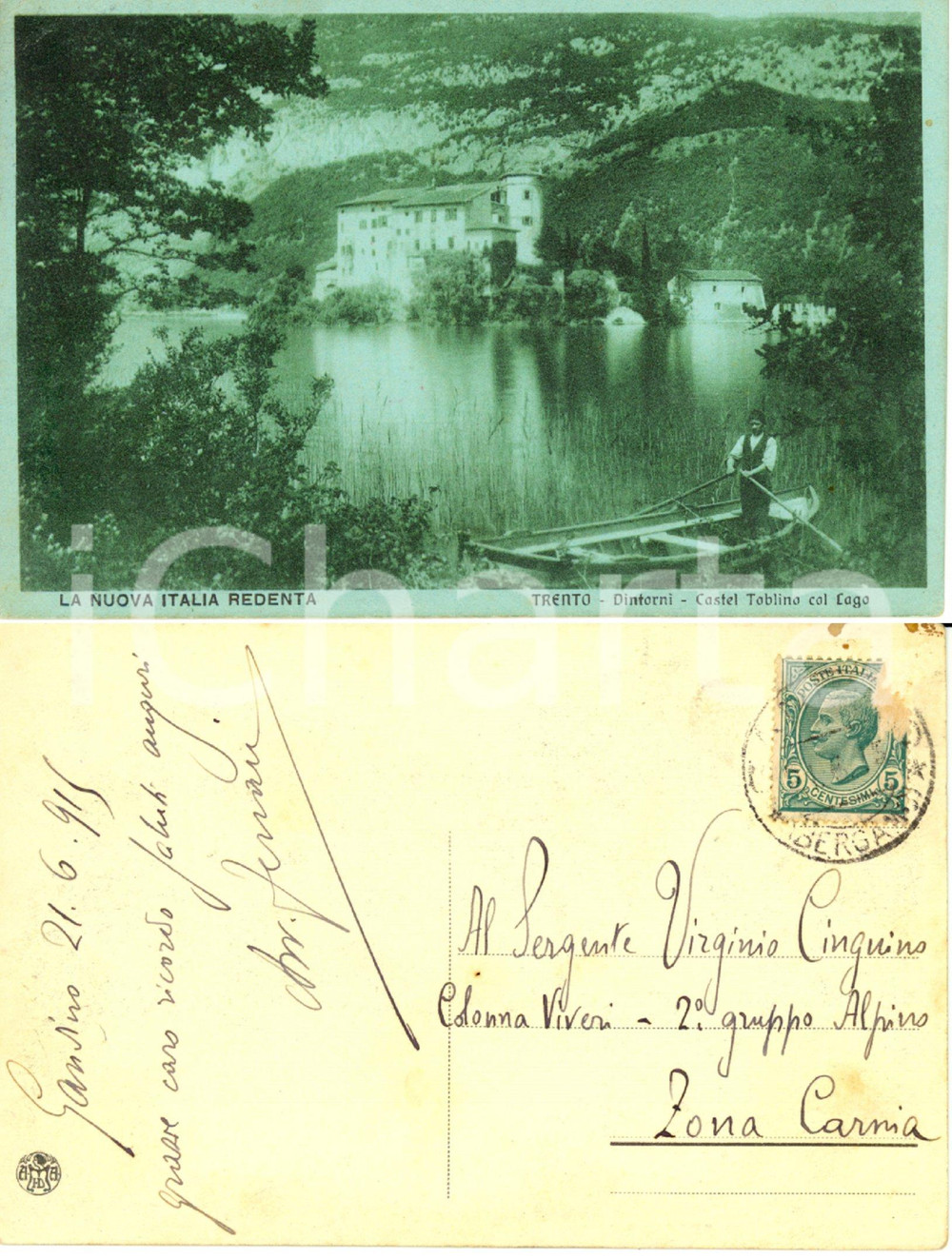Cartolina originale da collezione 1915 TRIESTE NUOVA ITALIA REDENTA  Castel TOBLINO con lago Cartolina FP NV 1