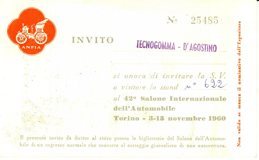 Oggetto da collezione cartaceo 1960 TORINO Salone Internazionale Automobile TECNOGOMMA D AGOSTINO Invito 1