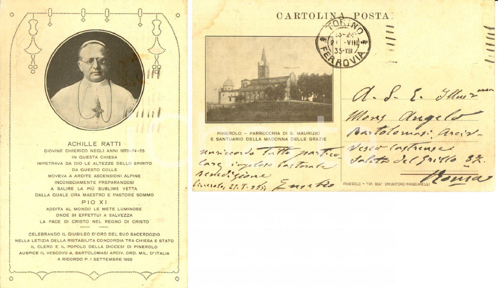 Cartolina originale da collezione 1935 PINEROLO (TO) Parrocchia SAN MAURIZIO *Autografo don Eusebio VISMARA FP VG 1