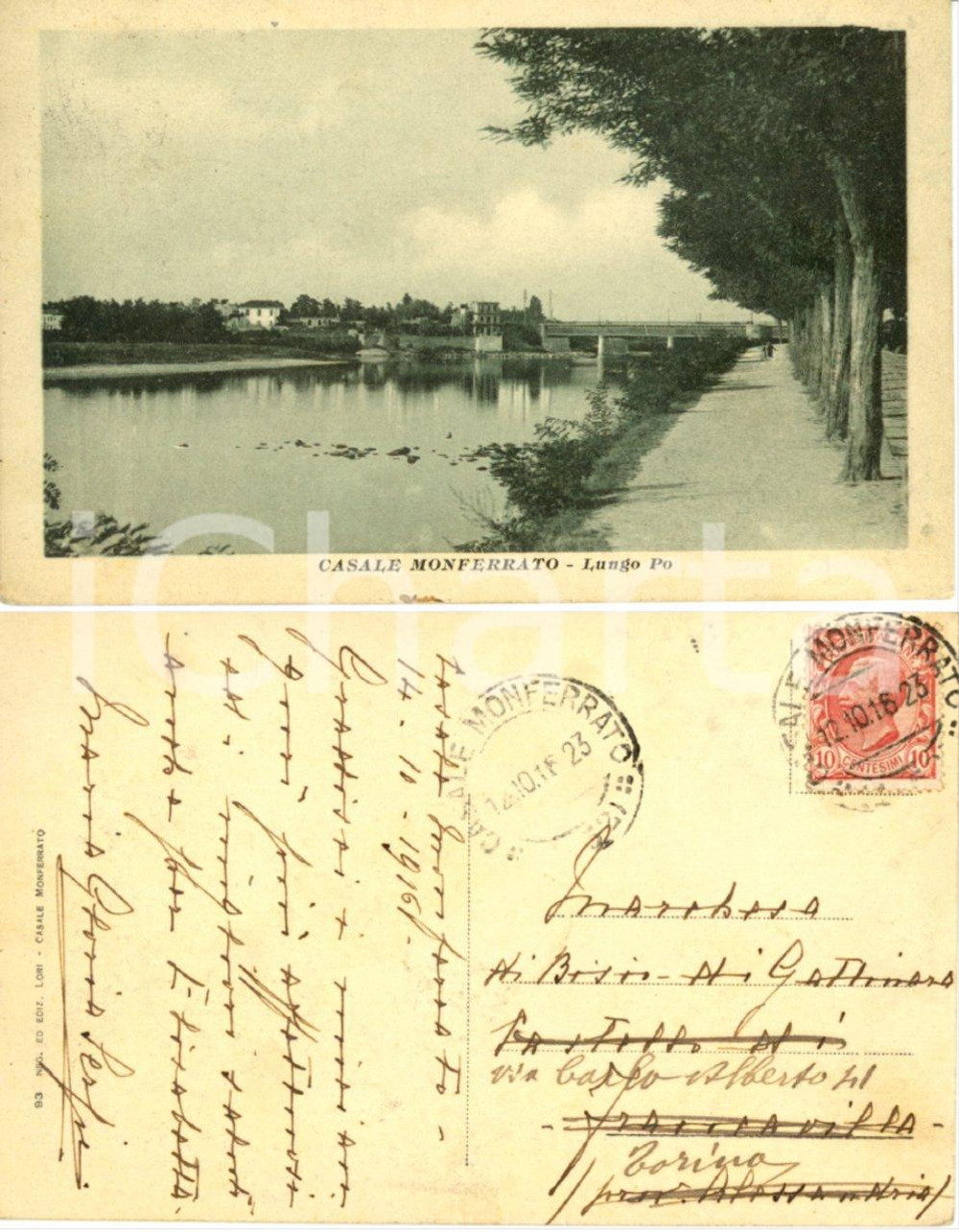 Cartolina originale da collezione 1916 CASALE MONFERRATO (AL) Lungo Po *Autografo Maria GLORIA SERPI FP VG 1