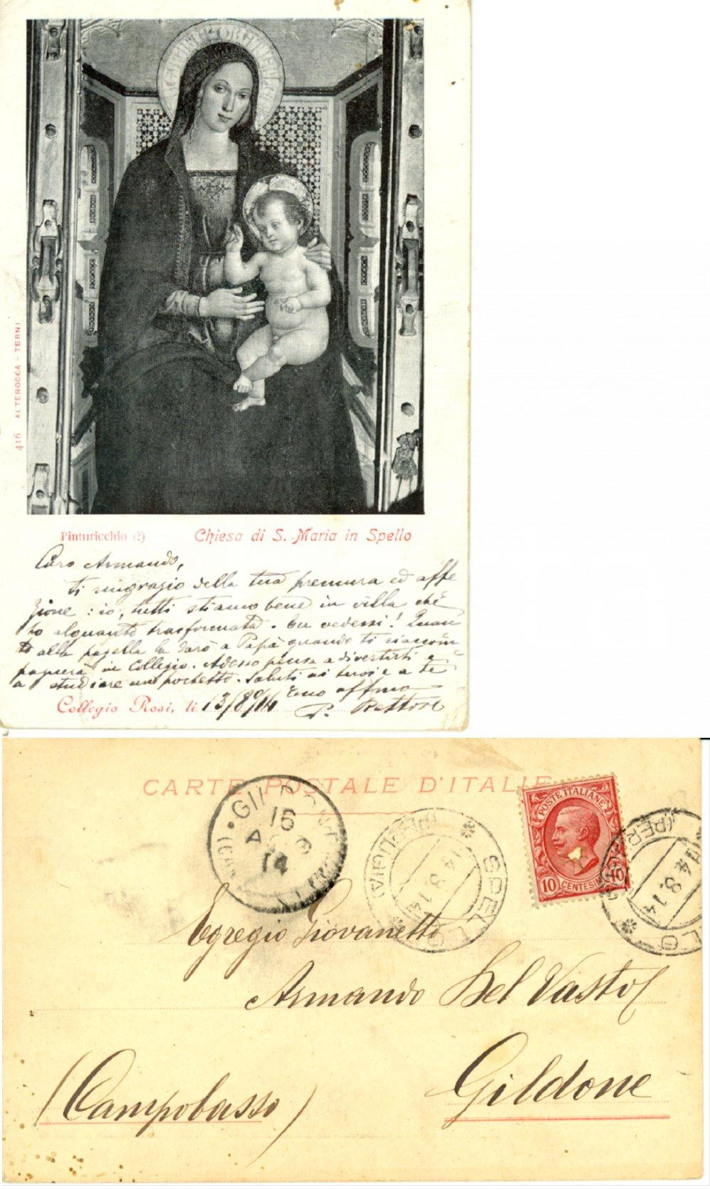 Autografo originale 1914 SPELLO Collegio ROSI Cartolina rettore Carmine GIOIA ad Armando DEL VASTO 1
