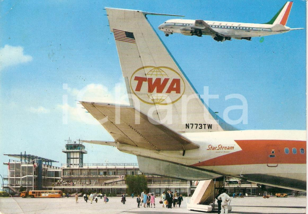 Cartolina originale da collezione 1967 MILANO Aeroporto MALPENSA Imbarco aereo TWA STAR STREAM Animata *Cartolina 1