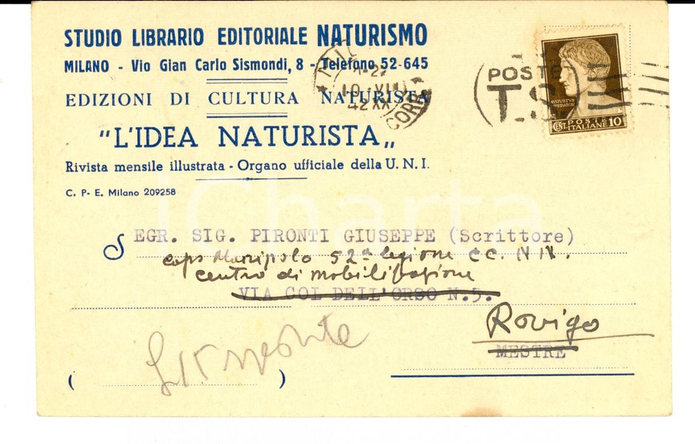 Cartolina originale da collezione 1942 MILANO L IDEA NATURISTA naturismo Cartolina pubblicitaria rivista 1